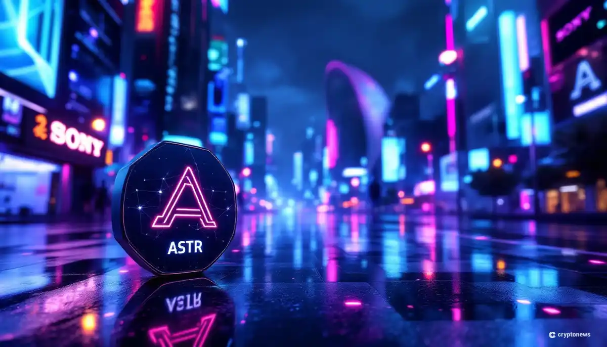 ソニーとAstarのロゴがつながるブロックチェーンネットワークの未来的なイメージ