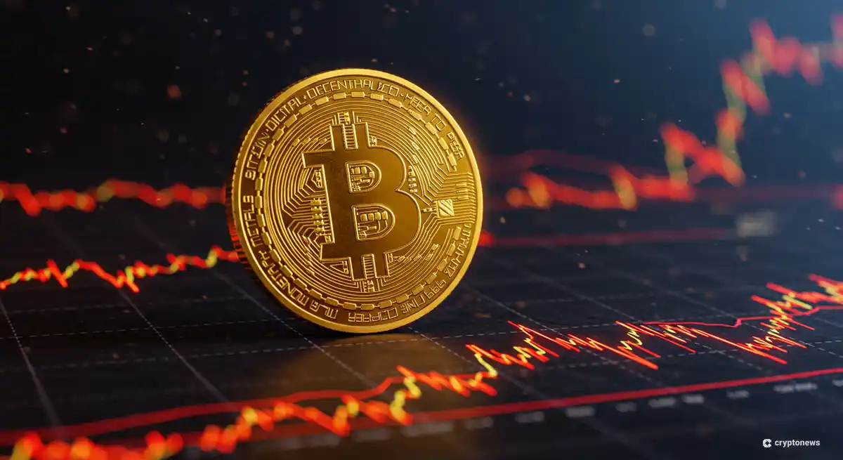 荒れる株式市場のグラフの上に安定して立つビットコインのコイン