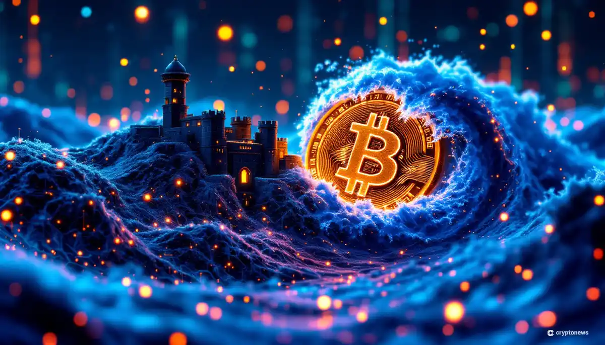 ビットコインのセキュリティを脅かす量子コンピューターと、それを守るための盾の概念図
