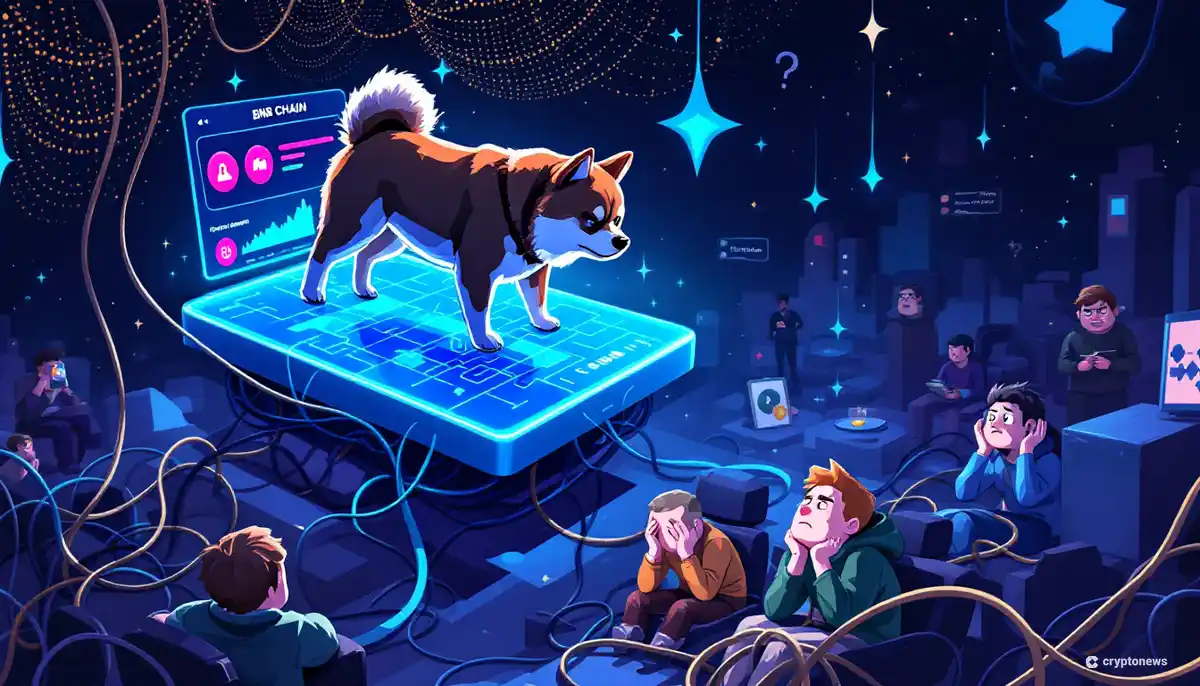 ミームコインの象徴とBNBチェーンのロゴを見つめるCZ氏のシルエット