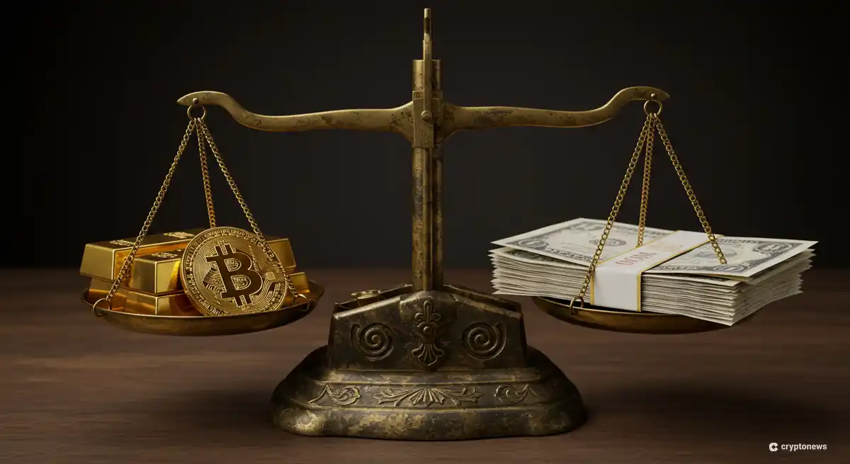 金塊とビットコインが従来の株券や債券と天秤で釣り合う様子