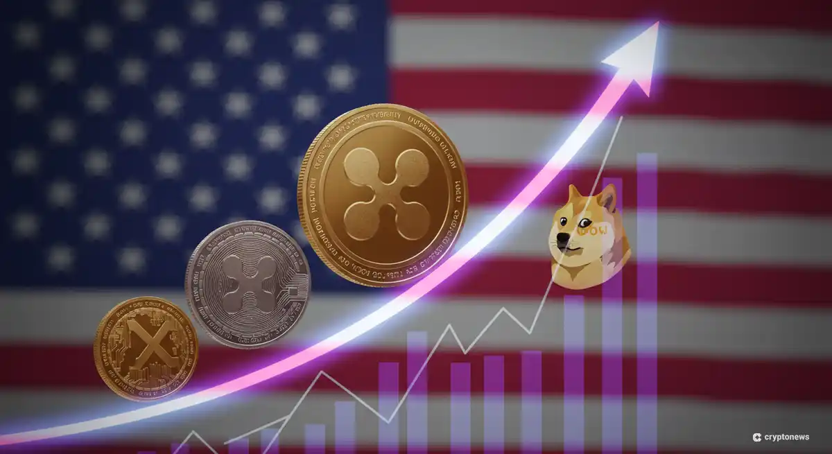 アメリカ国旗を背景に上昇するXRP、ソラナ、ドージコインのチャート