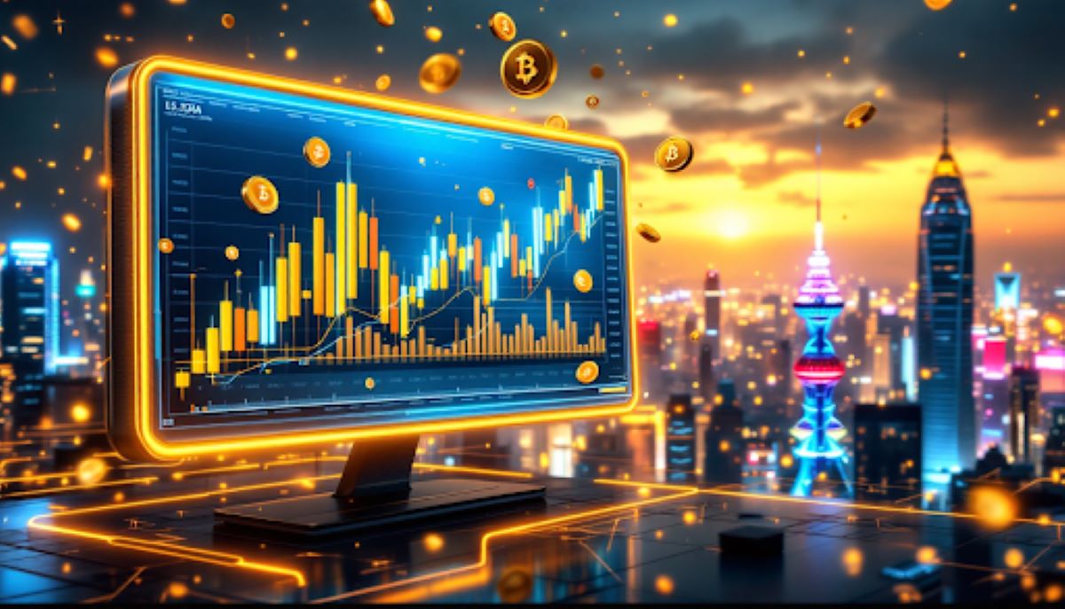 仮想通貨と金の取引チャートを表示するPrimeXBTの取引画面と受賞した賞のイメージ