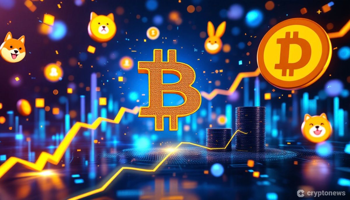 仮想通貨投資トレンドを示す未来的なデジタル空間に浮かぶBTC Bull Token、Aptos、Shiba Inu、Dogecoinのロゴと上昇傾向を示すグラフ