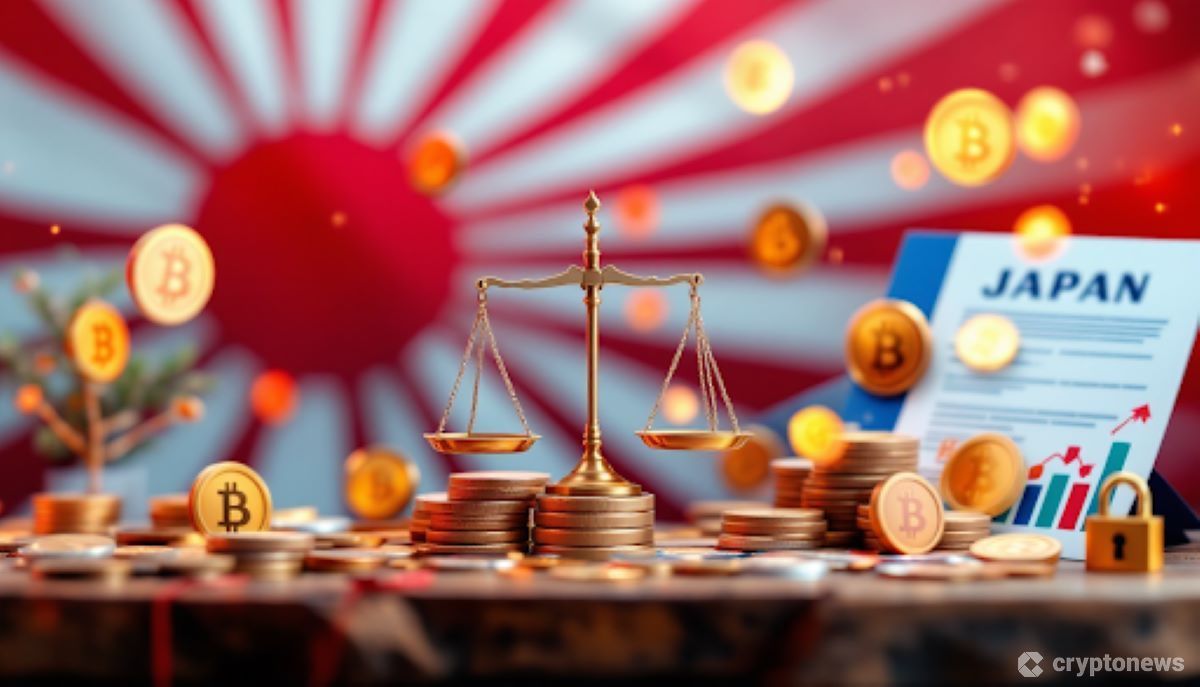 日本の金融規制当局ビルと仮想通貨シンボル、分類コンセプトを示す画像