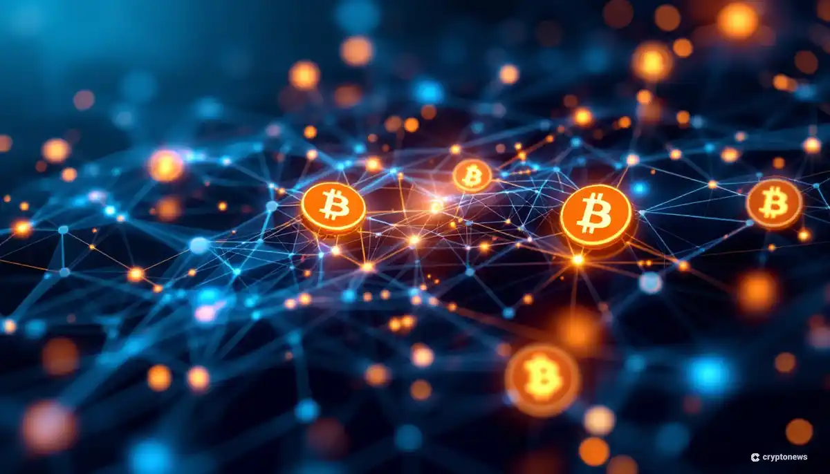 中央集権型金融と分散型金融のネットワークがビットコインシンボルと共に融合する抽象的なデジタルイメージ