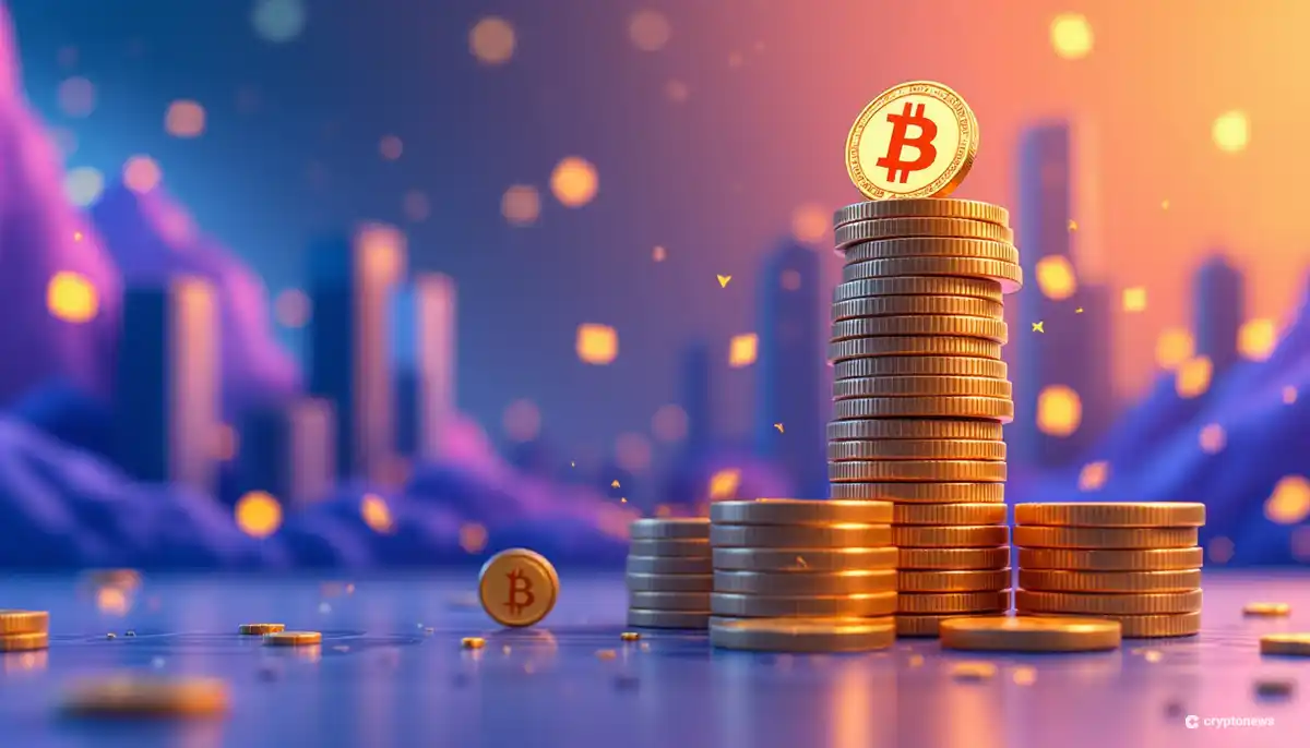 積み上げられたビットコインと日本の企業ビルをイメージしたイラスト