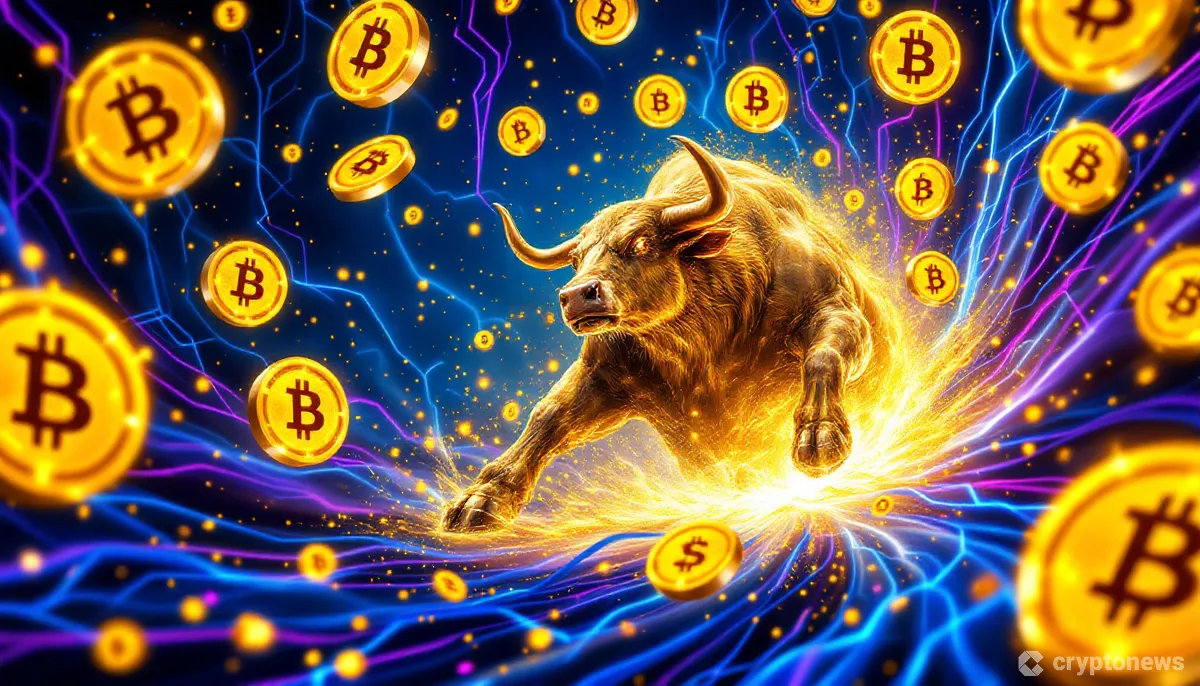 デジタルなビットコインを背景に、上昇する金色の雄牛のスタイリッシュなイラスト