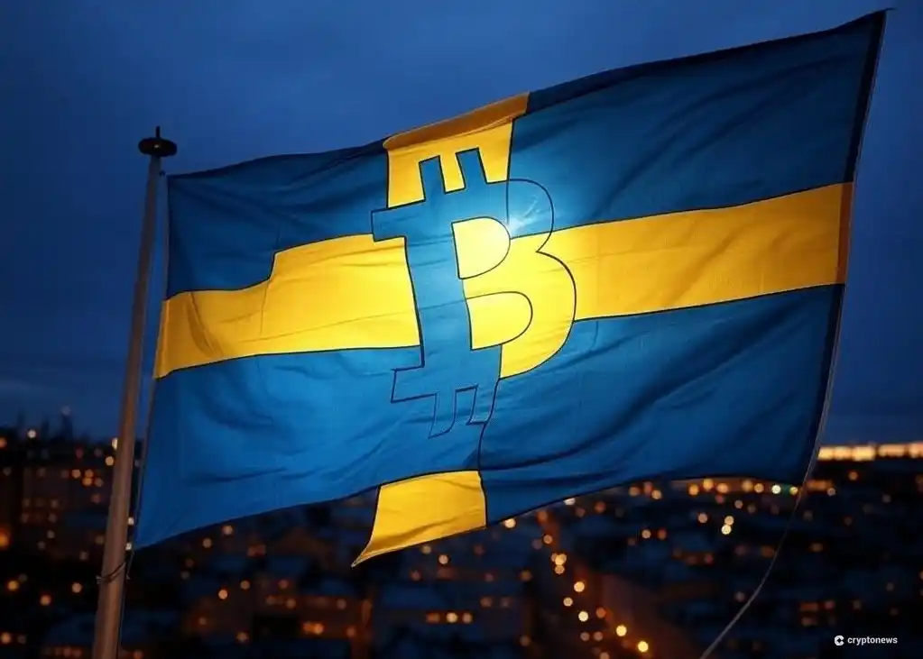スウェーデン国旗とビットコインのシンボルが融合したイメージ