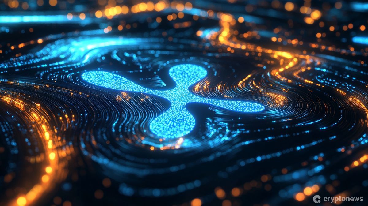 XRPシンボルとデータ流が流動性とETF承認の可能性を示唆する抽象画像