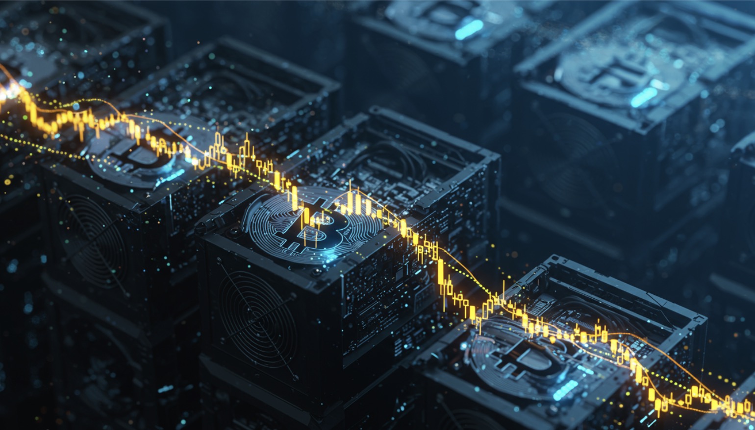 財務的圧力下にあるビットコインマイニングリグと価格下落を示すデータストリームの抽象的なデジタル表現