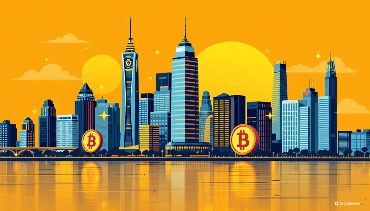 パナマ市の街並みとビットコインなどの仮想通貨シンボルが融合したイラスト