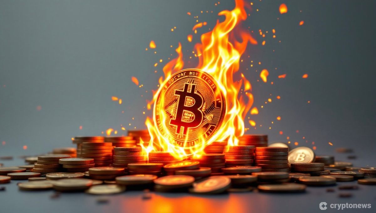 抽象的なデジタルの炎が仮想通貨コインを燃やしているイメージ