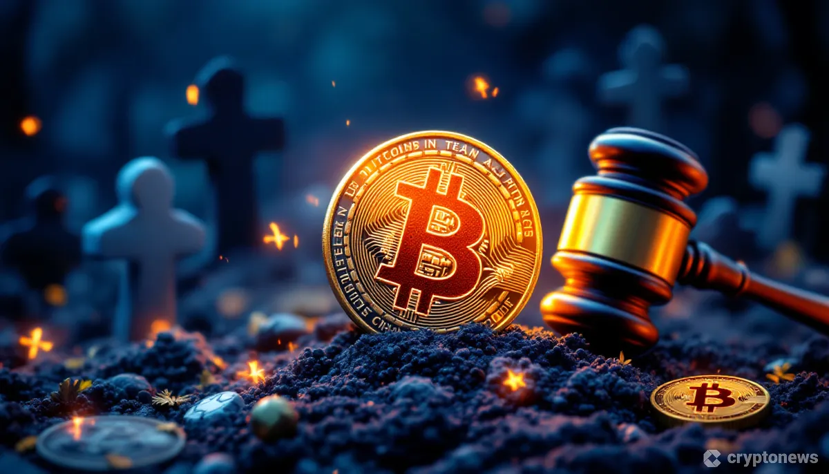 規制の象徴であるハンマーの下で、色あせたアルトコインのロゴの中で輝くビットコインのシンボル