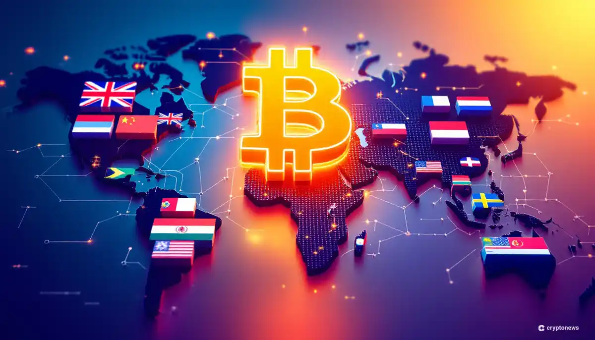 各国の国旗に囲まれたビットコインのシンボルが描かれた世界地図