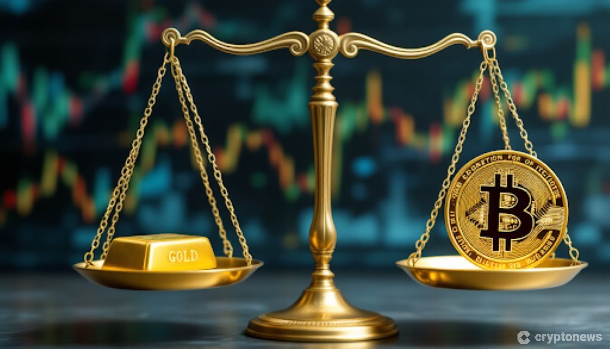 不確実な経済チャートを背景に、金の延べ棒とビットコインのシンボルを天秤にかけるイラスト