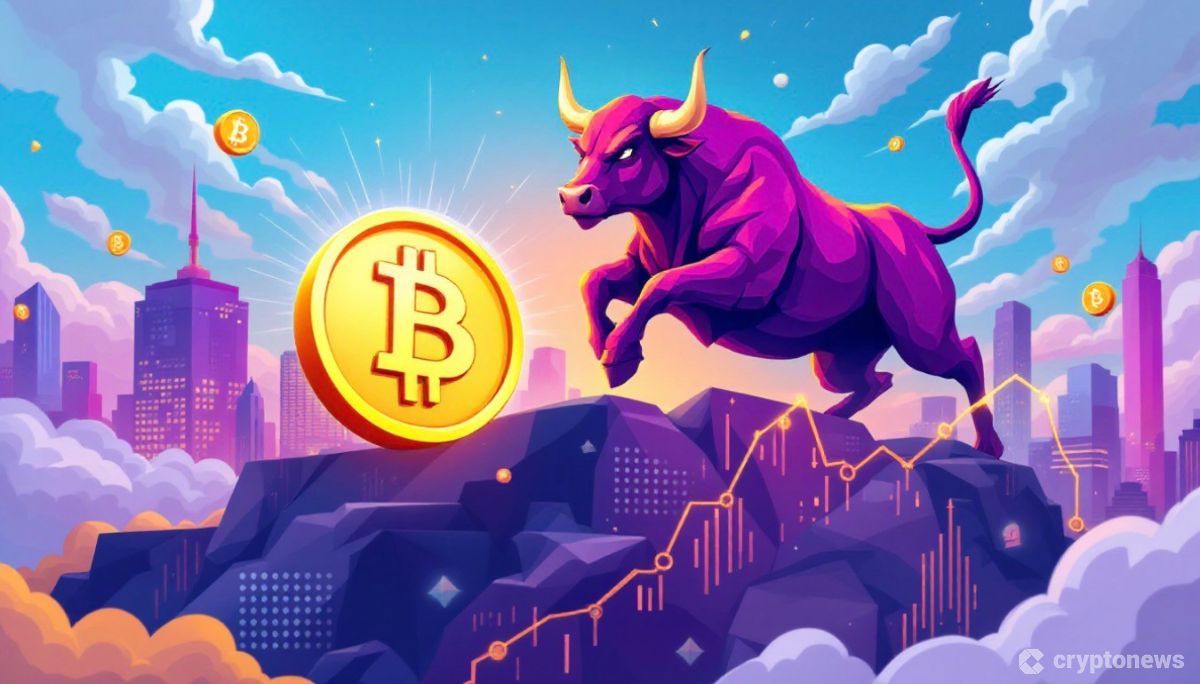 ビットコインシンボルと共に上昇する力強い雄牛のイラスト。BTC Bull Tokenの成長可能性を表現。