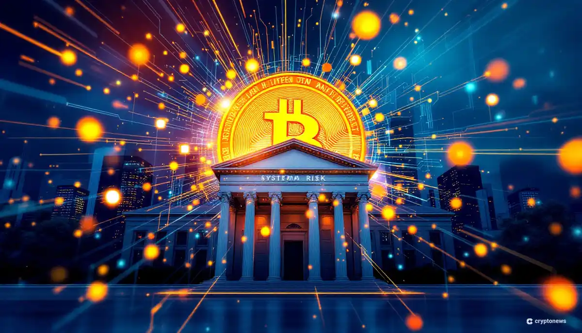 伝統的な銀行の建物と交差する仮想通貨のデジタル表現