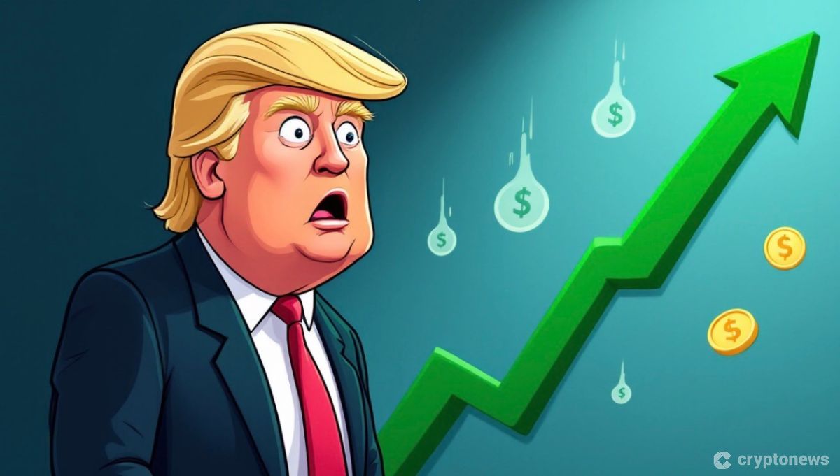 上昇する矢印の横で驚くトランプ氏風のキャラクターと背景に落ちるコインの抽象的なイラスト