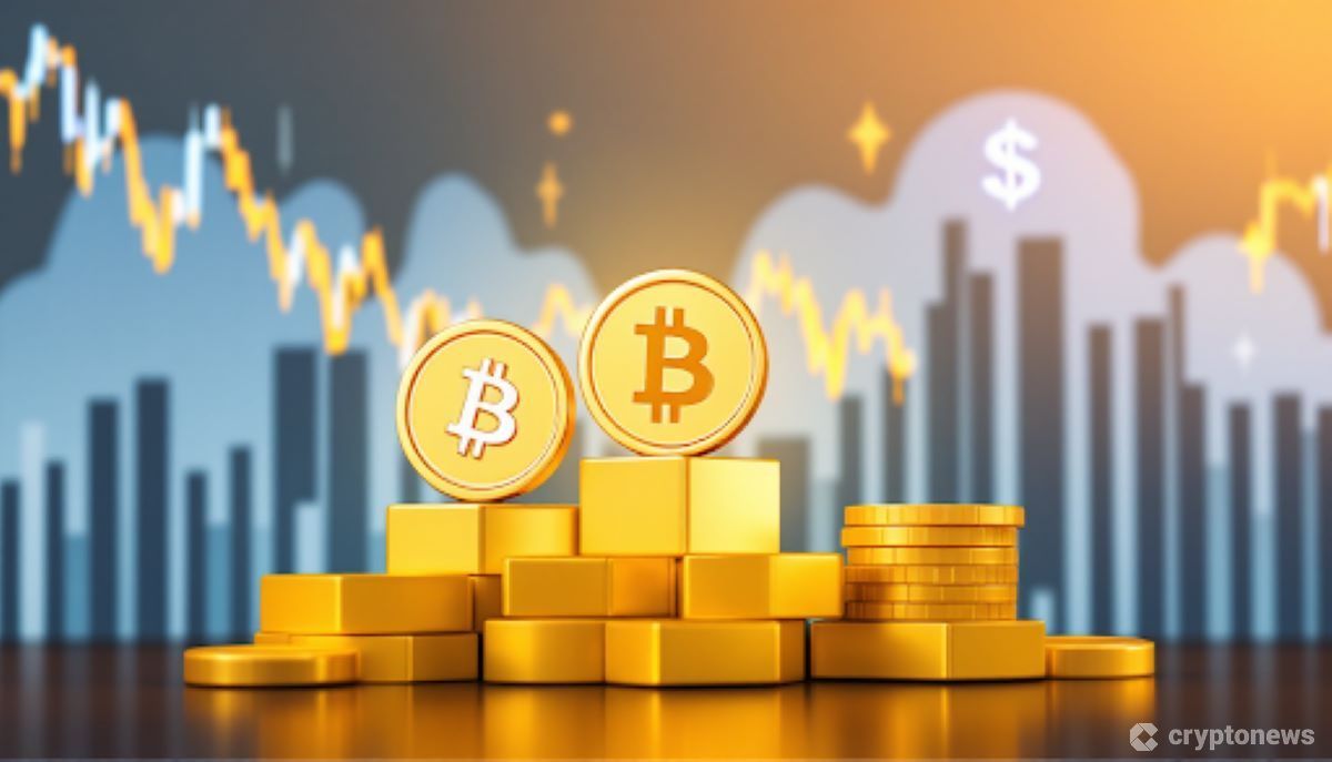 下落する株価チャートを背景に上昇する金塊とビットコインのコイン