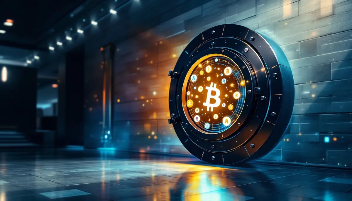 仮想通貨のシンボルが描かれた金庫の扉が、伝統的な銀行のロビーへと開いているイラスト