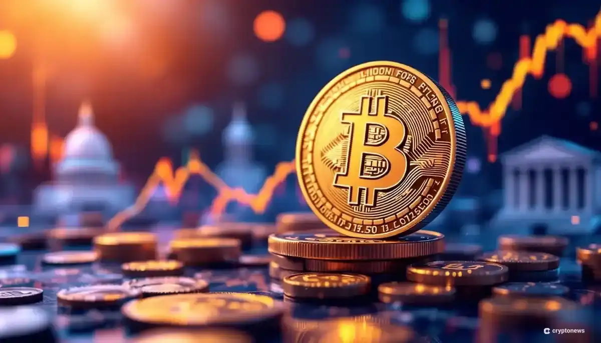 上昇するビットコイン価格と金融機関を抽象的に表現した画像