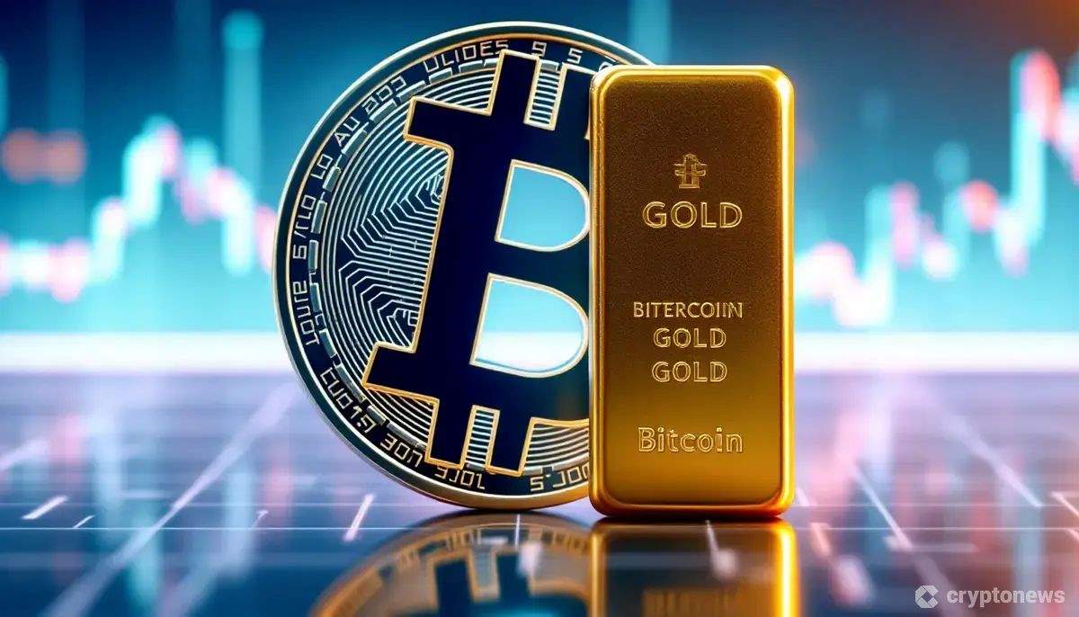 変動するグラフを背景に並ぶデジタルなビットコインシンボルと伝統的な金の延べ棒