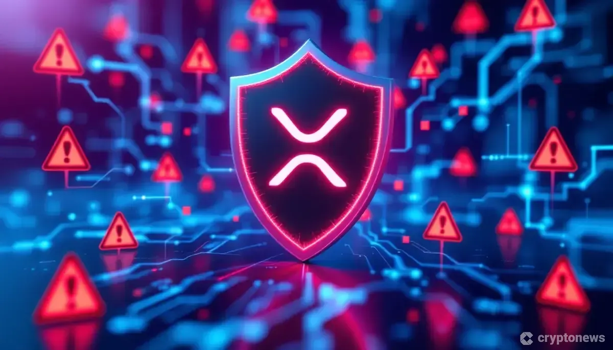 XRPのシンボルを脆弱性を示す赤い警告サインから守るデジタルセキュリティシールドの抽象的なイメージ。