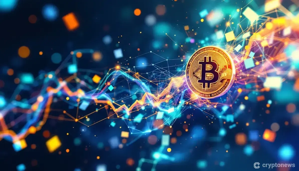 大手企業からの投資がビットコインに流入する様子を示す抽象的なデジタルアート