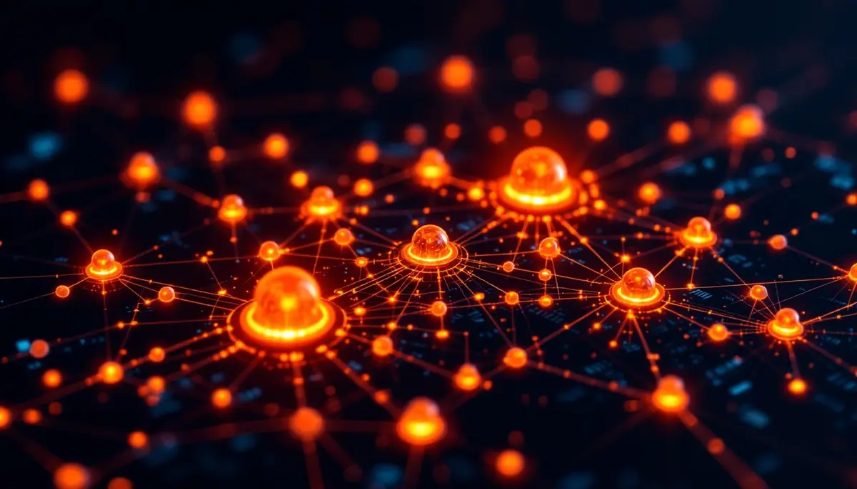 ブロックチェーン上の流動性ステーキングと報酬を示す抽象的なネットワーク図