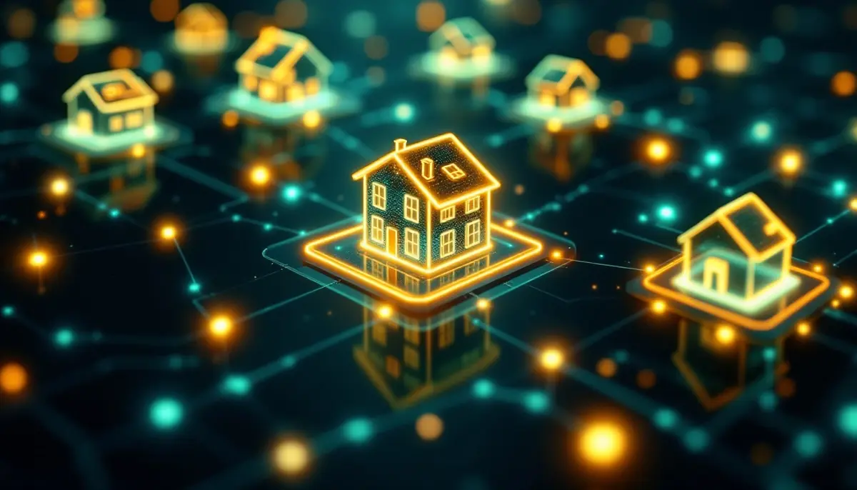 ブロックチェーンネットワークで繋がれた不動産資産のデジタル表現、トークン化を象徴するイメージ