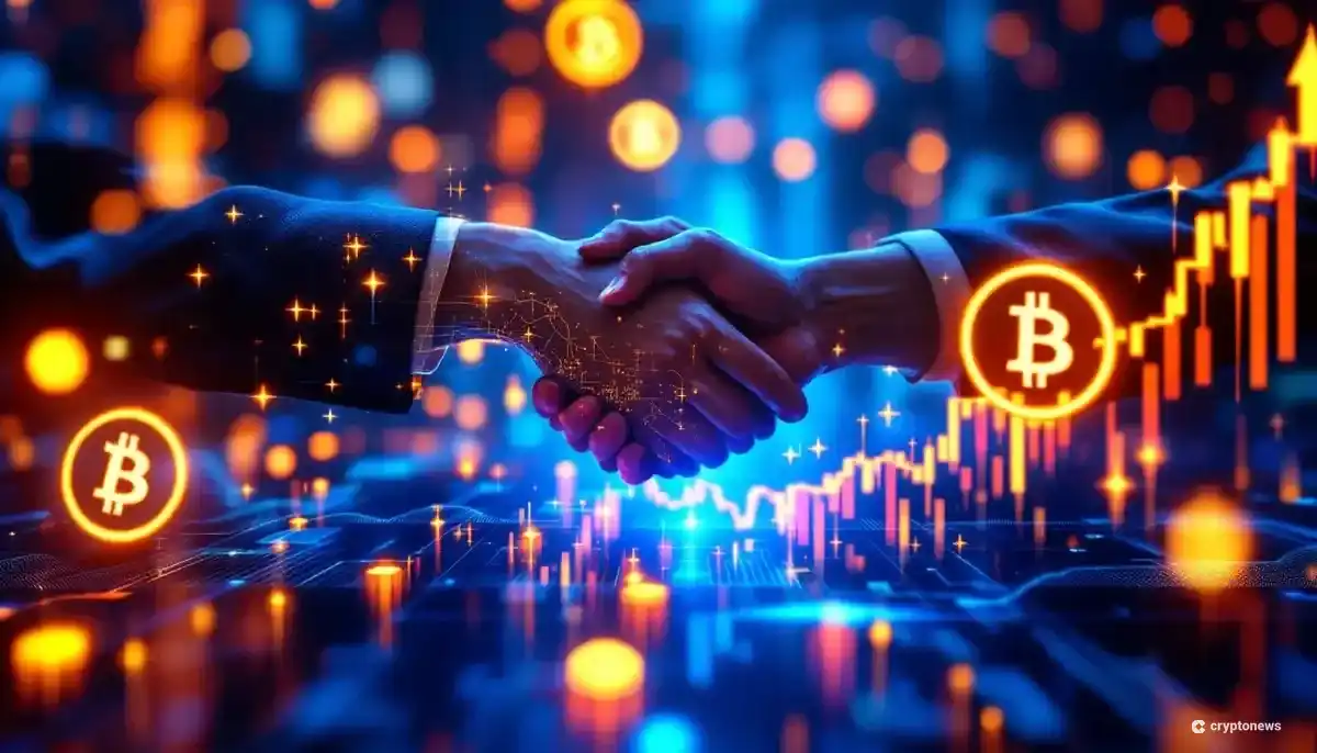 ビットコインのシンボルと上昇する株価チャートが描かれた、企業合併を象徴する抽象的なデジタルアート