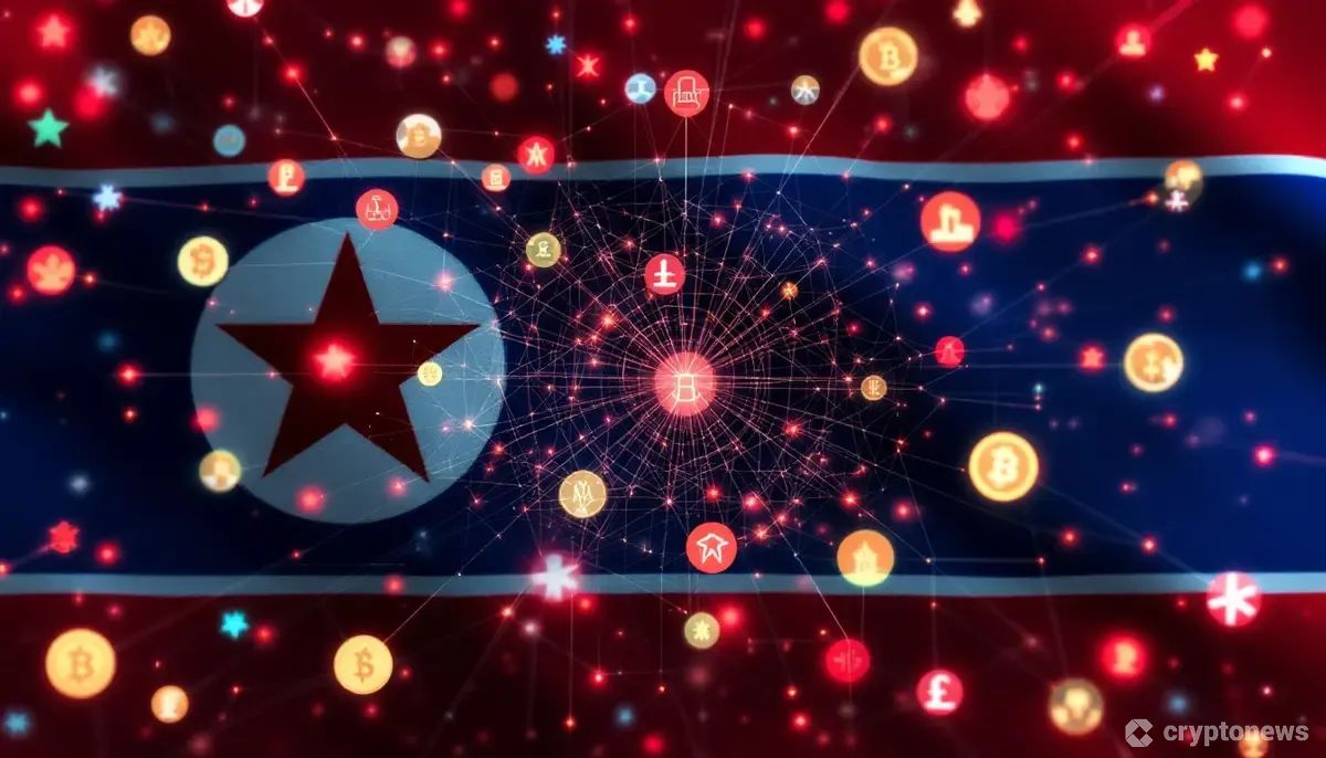北朝鮮のハッカーが仮想通貨を標的にする様子を示すデジタルネットワークのイメージ。