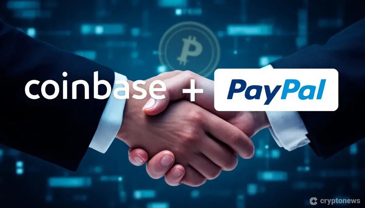 CoinbaseとPayPalの提携を示す握手とPYUSDシンボルのデジタルイメージ。