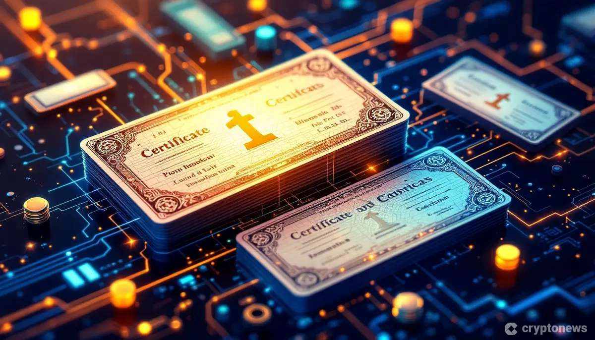 伝統的な株券がブロックチェーンのノードと融合する抽象的なデジタル表現。