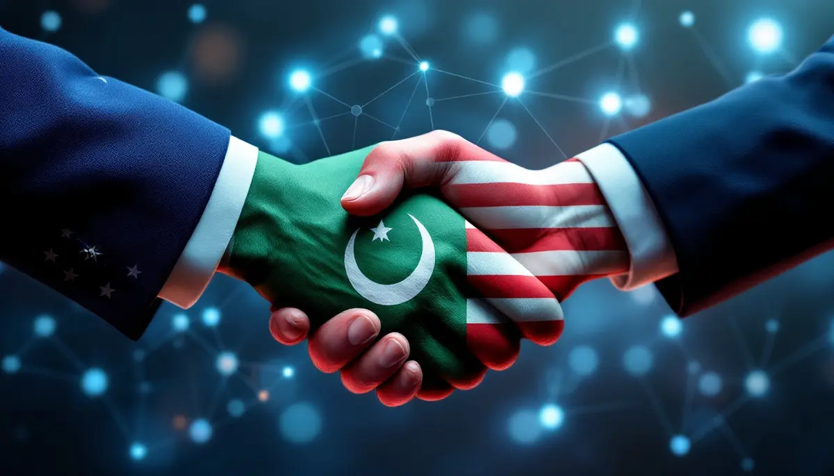 ブロックチェーンのネットワークを背景に、アメリカとパキスタンの国旗が融合した握手のイラスト。