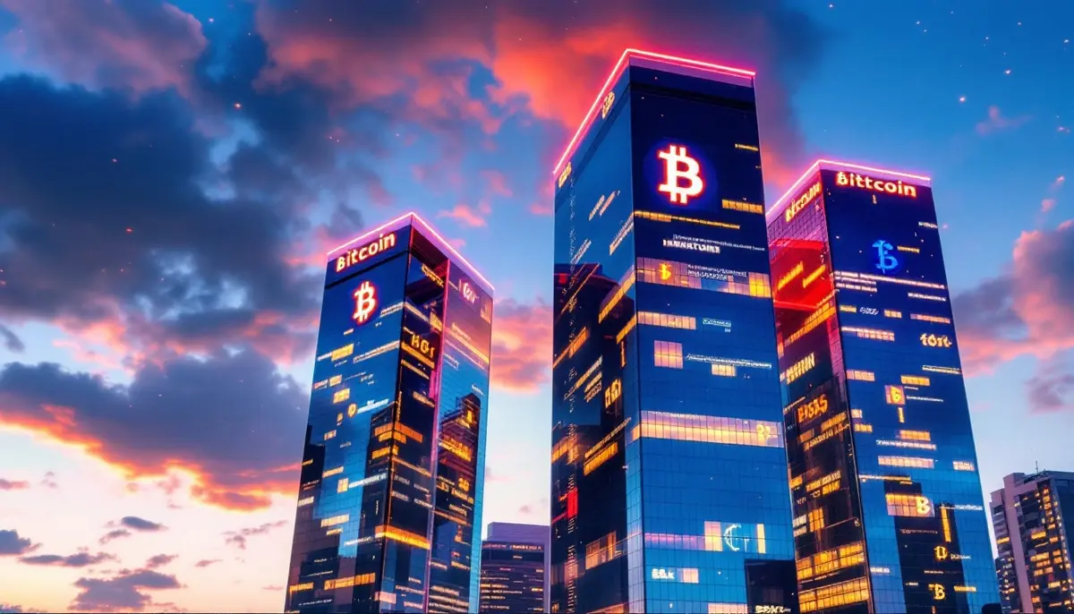 未来的な空の下、輝くビットコインのシンボルを組み込んだ企業ビル群。