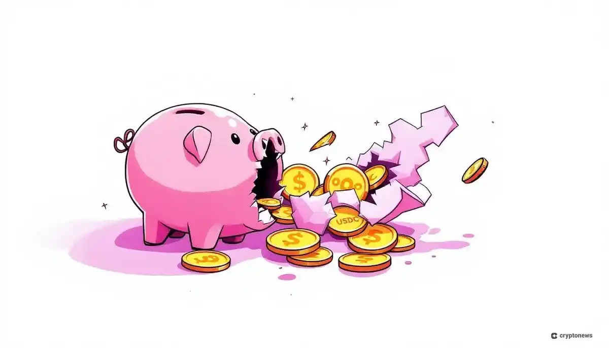 ソラナとUSDCコインがこぼれ落ちる壊れた貯金箱のイラスト。DeFiエクスプロイトを表現