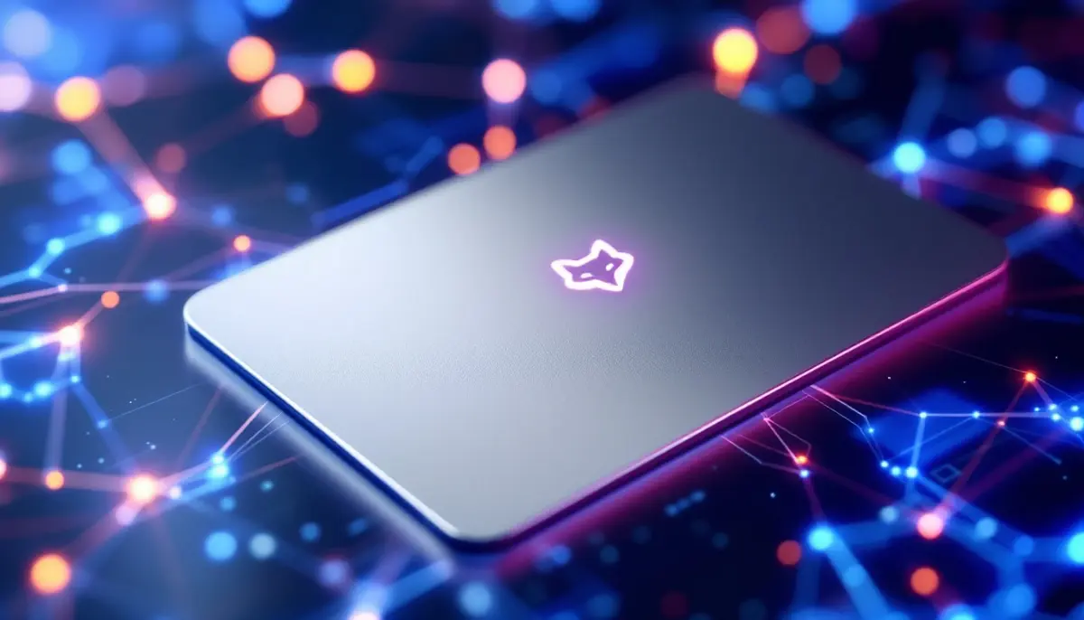 MetaMask Metal Cardのイメージ。未来的な背景に置かれた金属製のカード