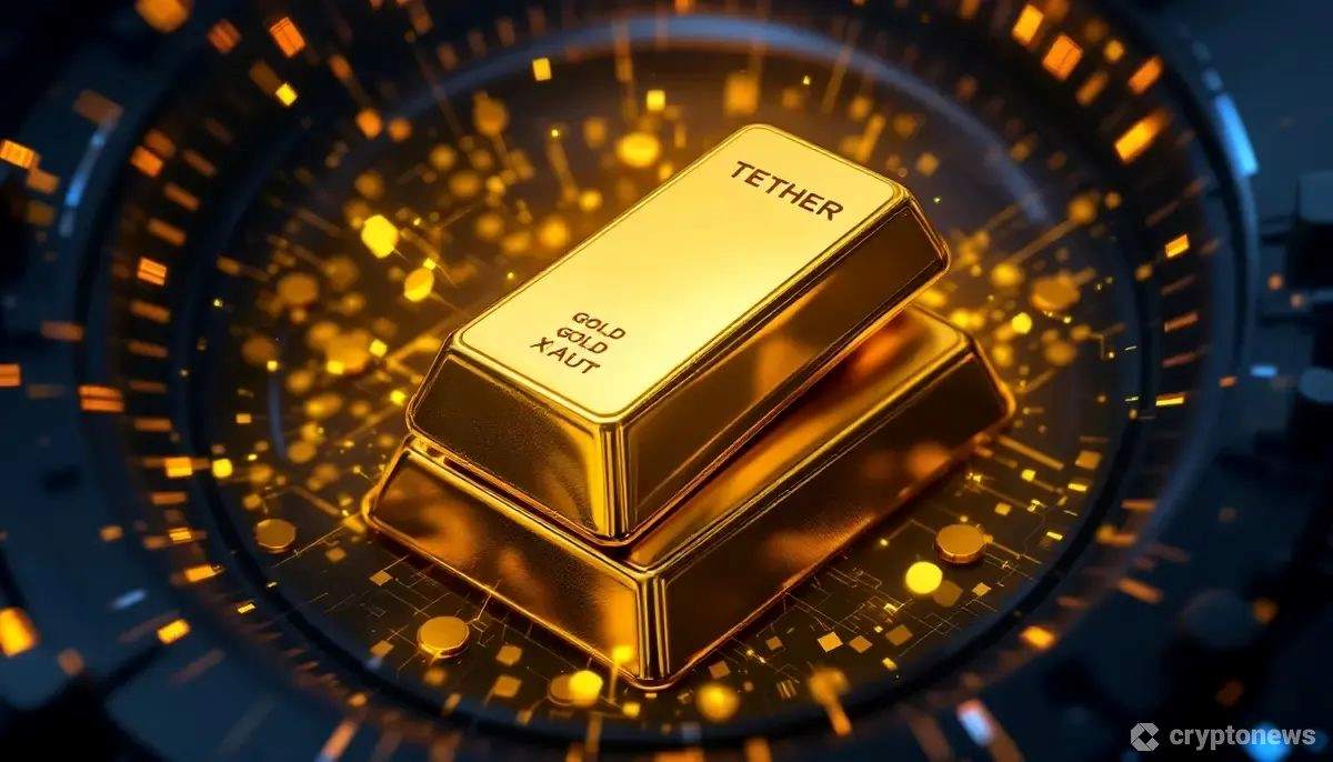 テザーゴールド(XAUT)を象徴する、ハイテク保管庫に安全に保管された金塊のデジタル表現