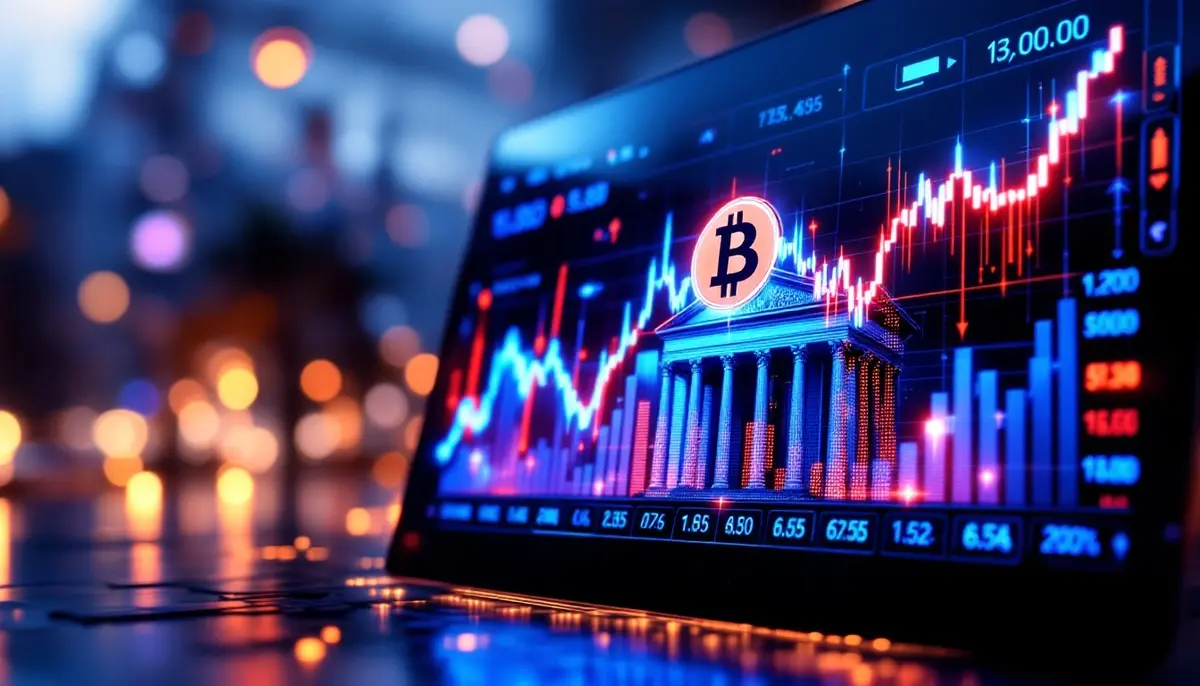 スタンダードチャータード銀行のロゴと共にビットコインの価格上昇を示すグラフ
