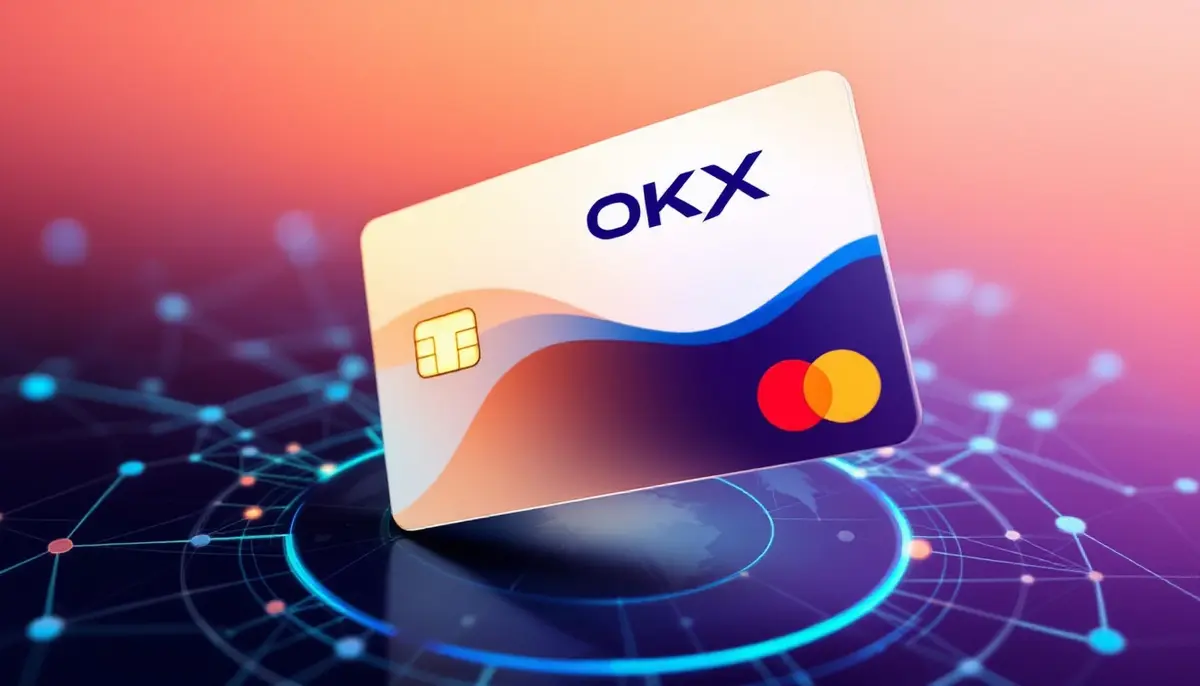 MastercardとOKXのロゴが融合したデビットカードが、グローバルネットワークの上に浮かんでいるイラスト