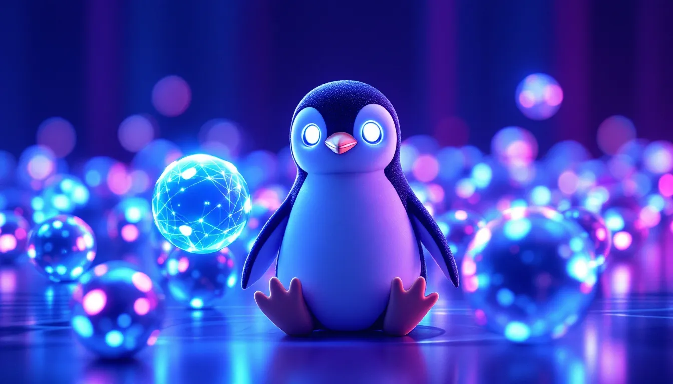 ペンギンとソラナブロックチェーンのノードが描かれた抽象的なデジタルアート
