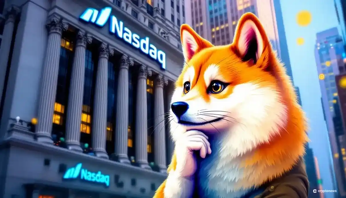 Nasdaqビルを見上げるドージコインのマスコットとETFのシンボル