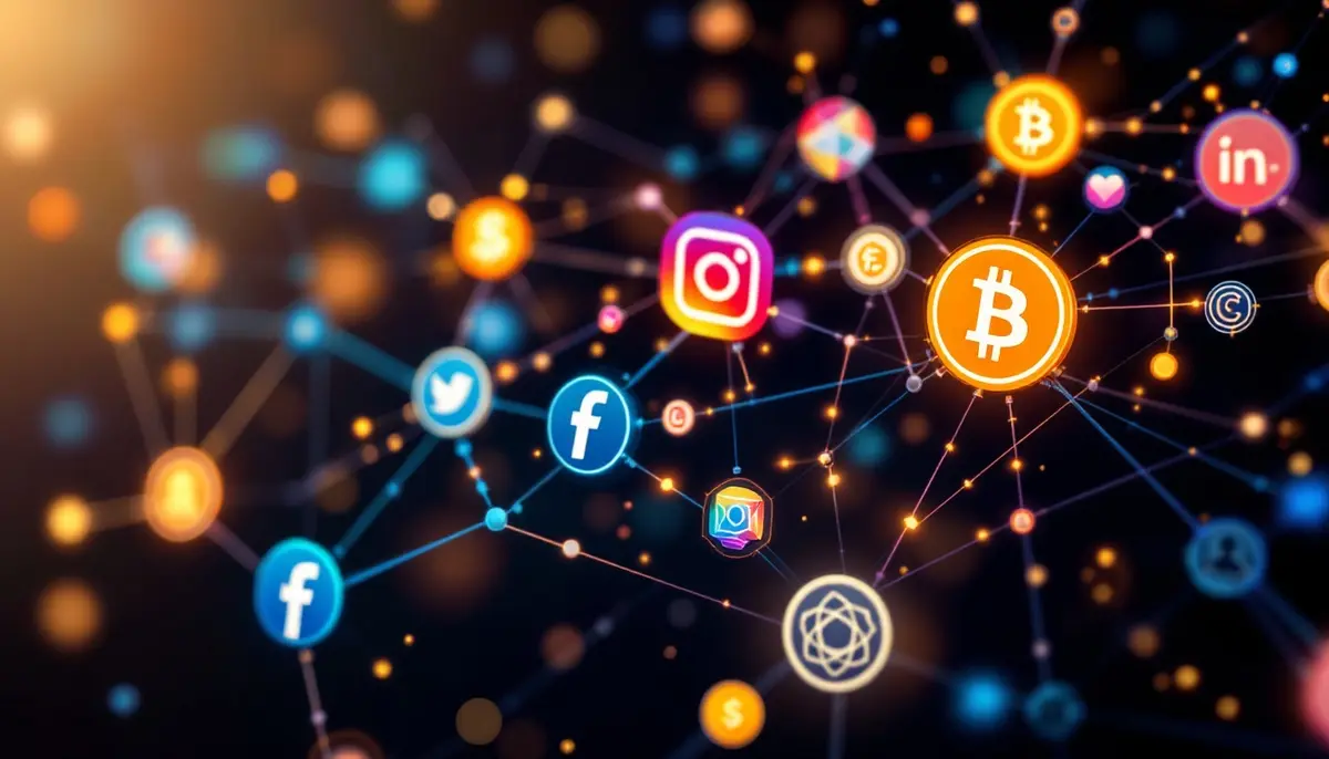 ソーシャルメディアのアイコンと仮想通貨のシンボルが繋がる抽象的なデジタルネットワーク