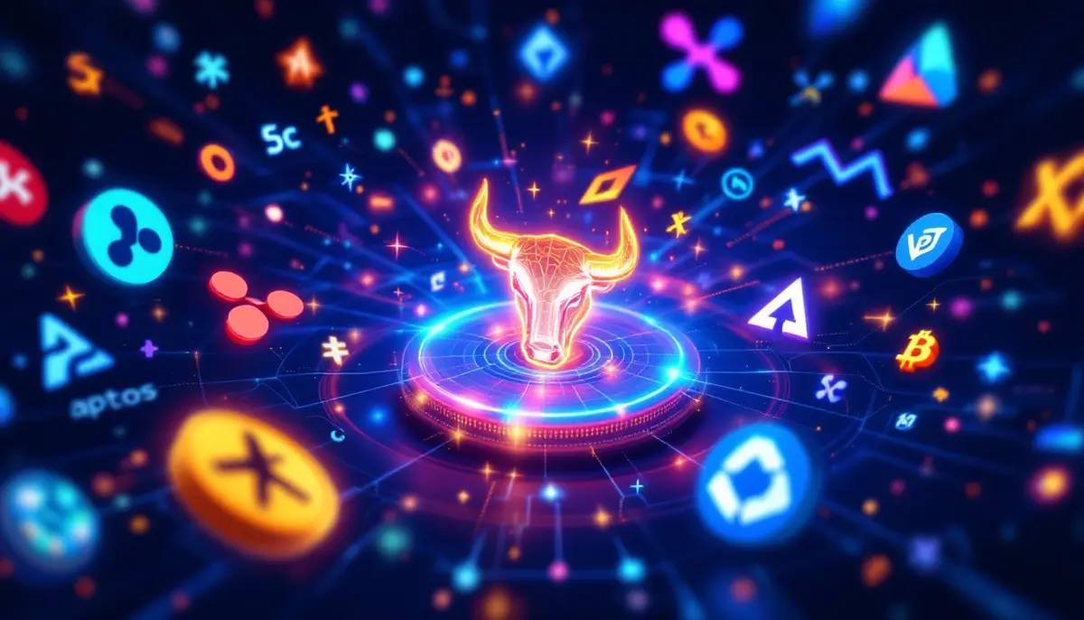 おすすめ仮想通貨、Aptos、XRP、Solana、BTC Bull Tokenのロゴがネットワーク状に配置されたイメージ