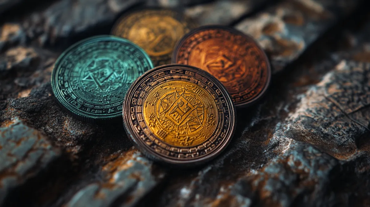 木板の上にある金色4つのコイン