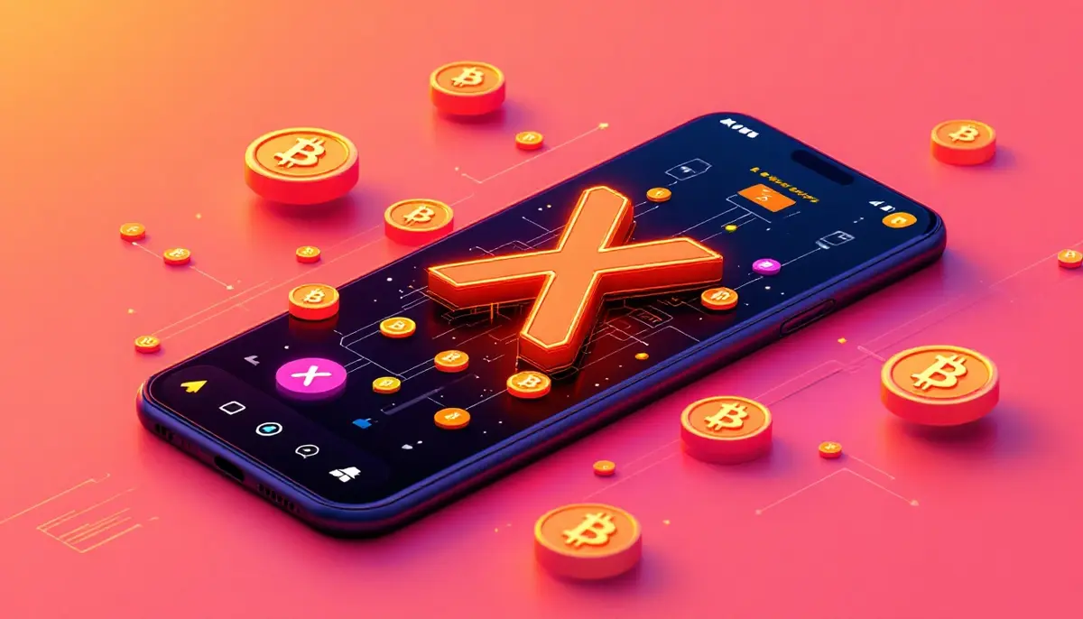 Xのロゴと仮想通貨シンボルが表示された未来的なスマートフォンのイメージ