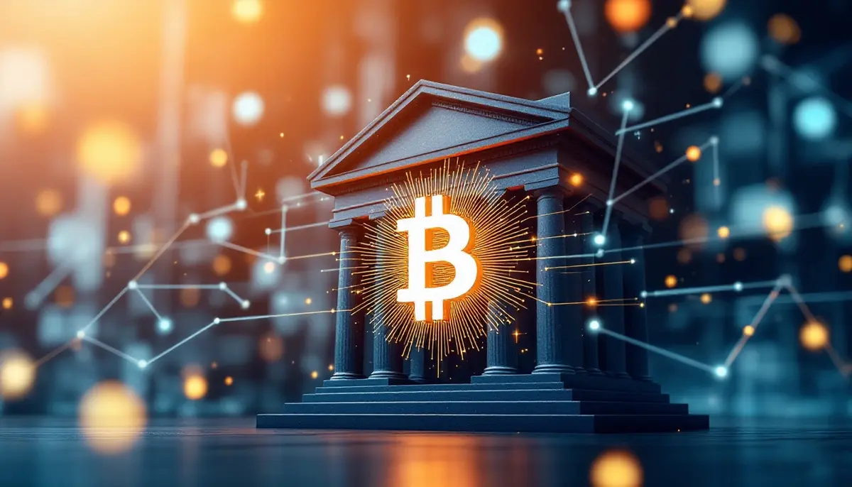伝統的な銀行とビットコインのシンボルがデジタルネットワークで繋がる抽象的なイメージ