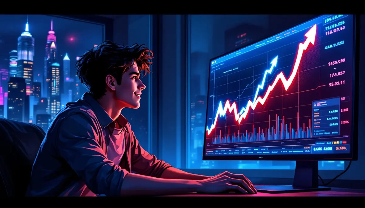 少額投資から仮想通貨で莫大な利益を得て画面を見る人